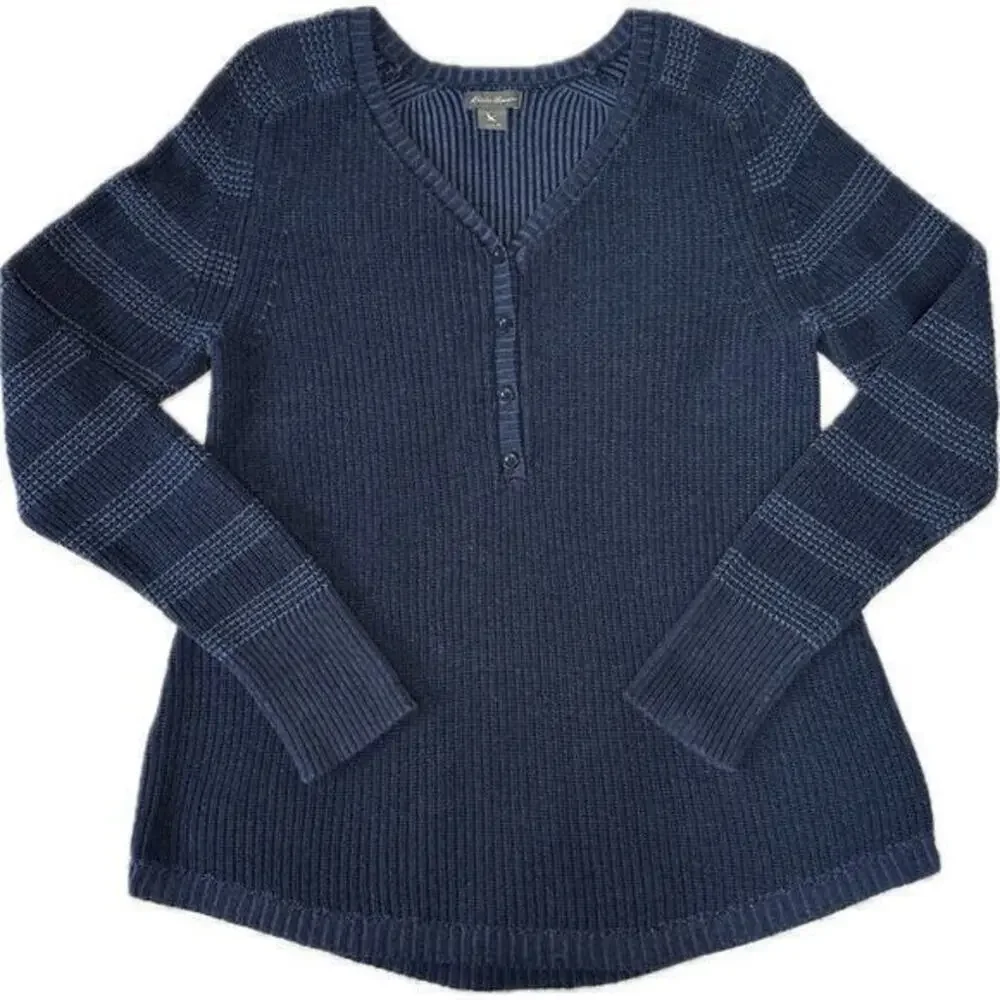 Eddie Bauer Button Front‎ Sweater Size M Blue Pullover Short Sleeve Cable Knit